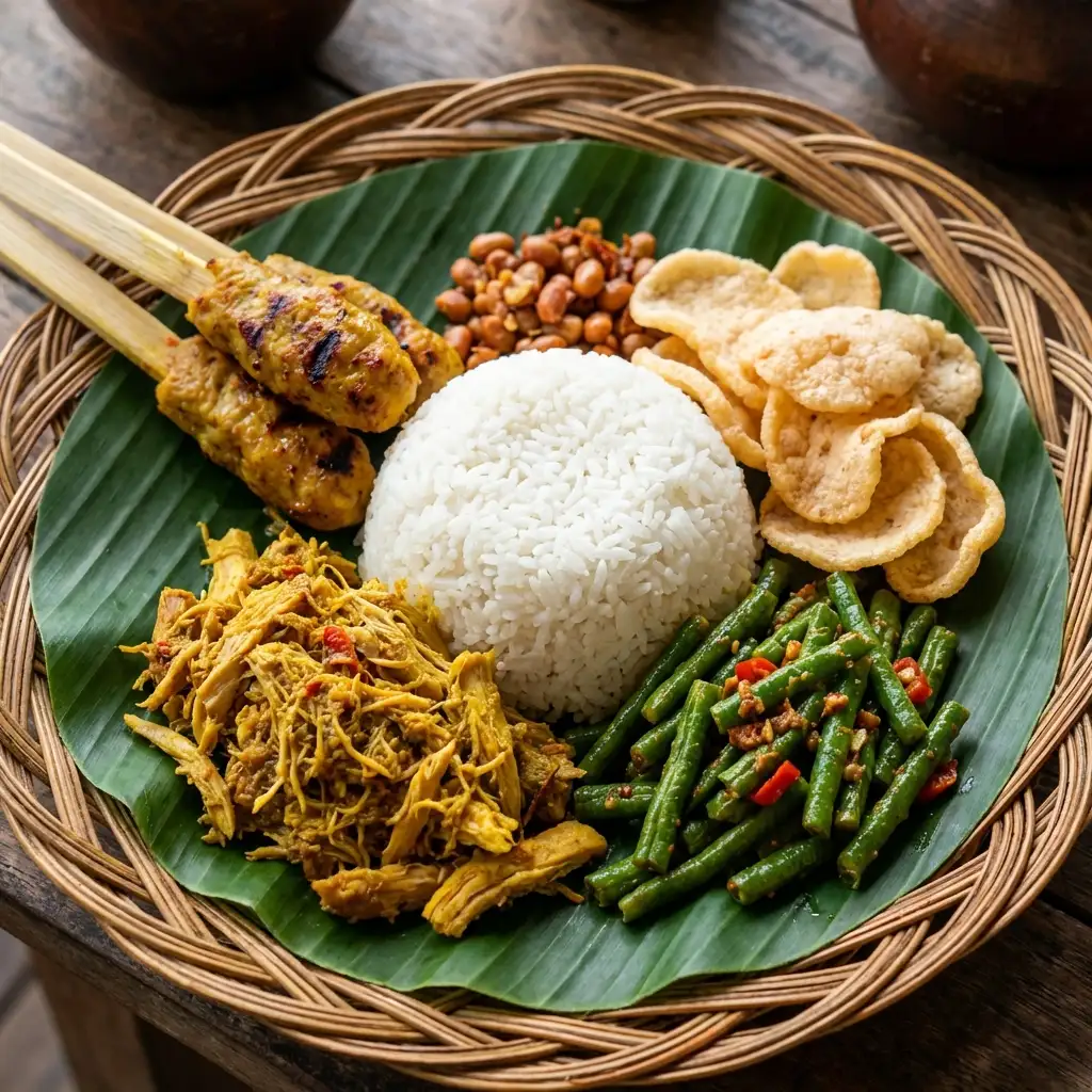 Sepiring Nasi Campur Bali dengan berbagai lauk