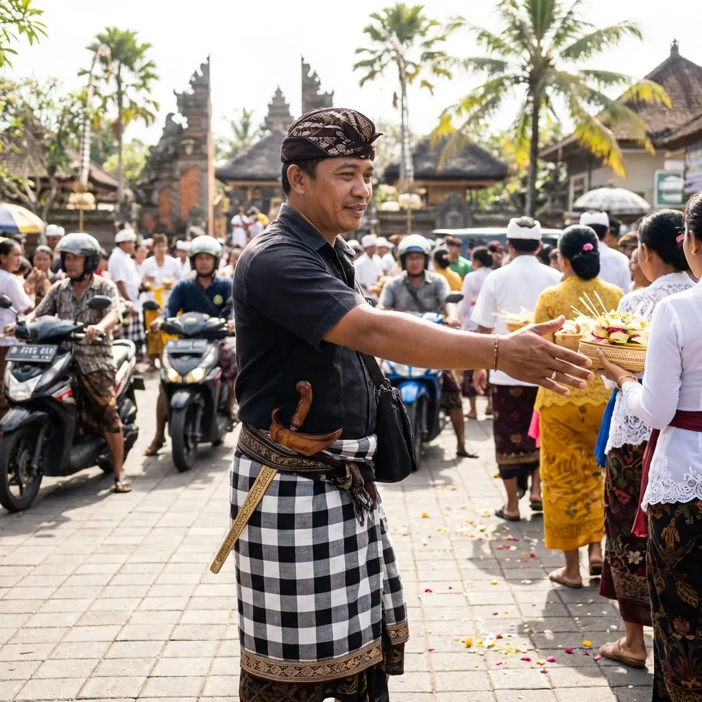 A Balinese Pecalang directing traffic politely