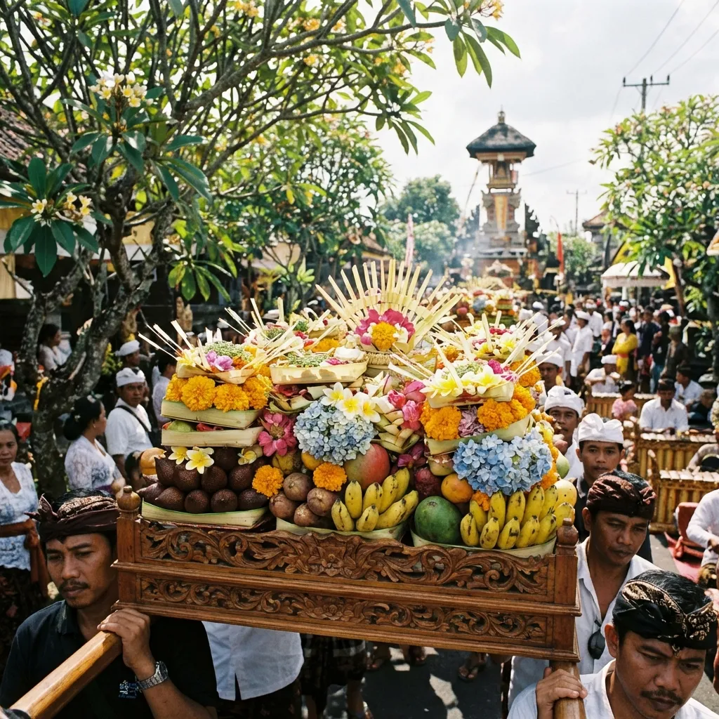 Close up of Balinese offerings during a road ceremony