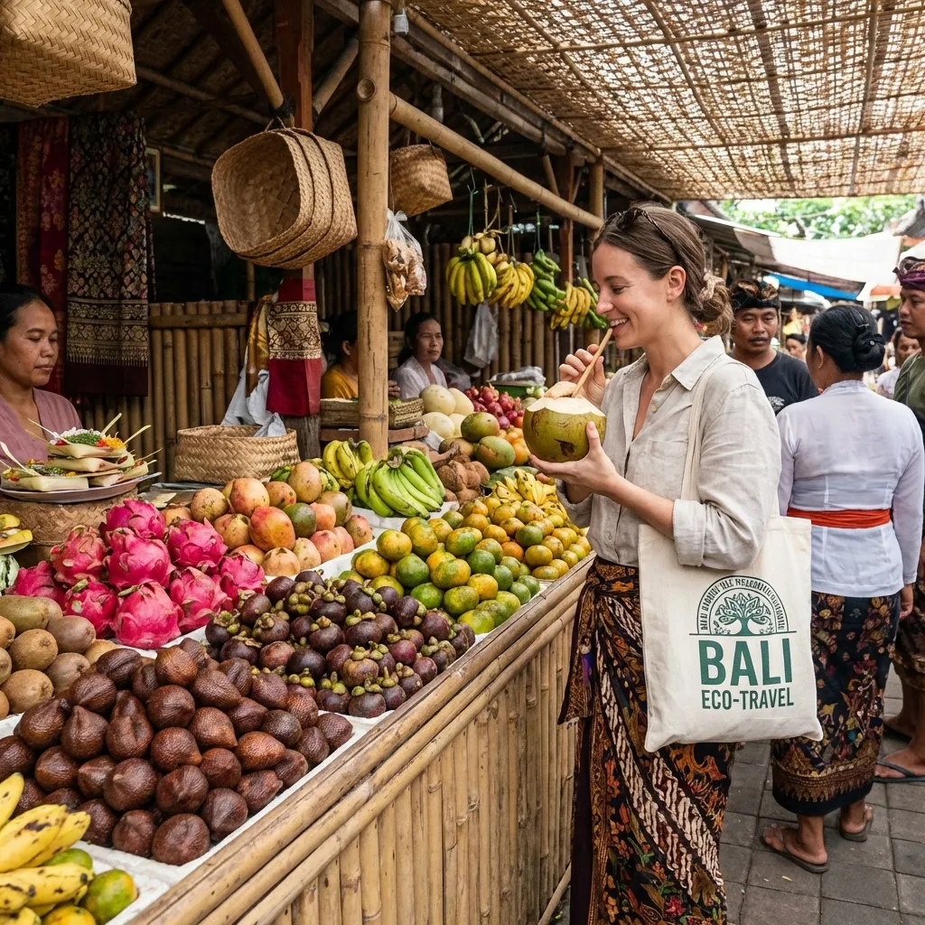 Tourist using a reusable bag and bamboo straw at a Bali market